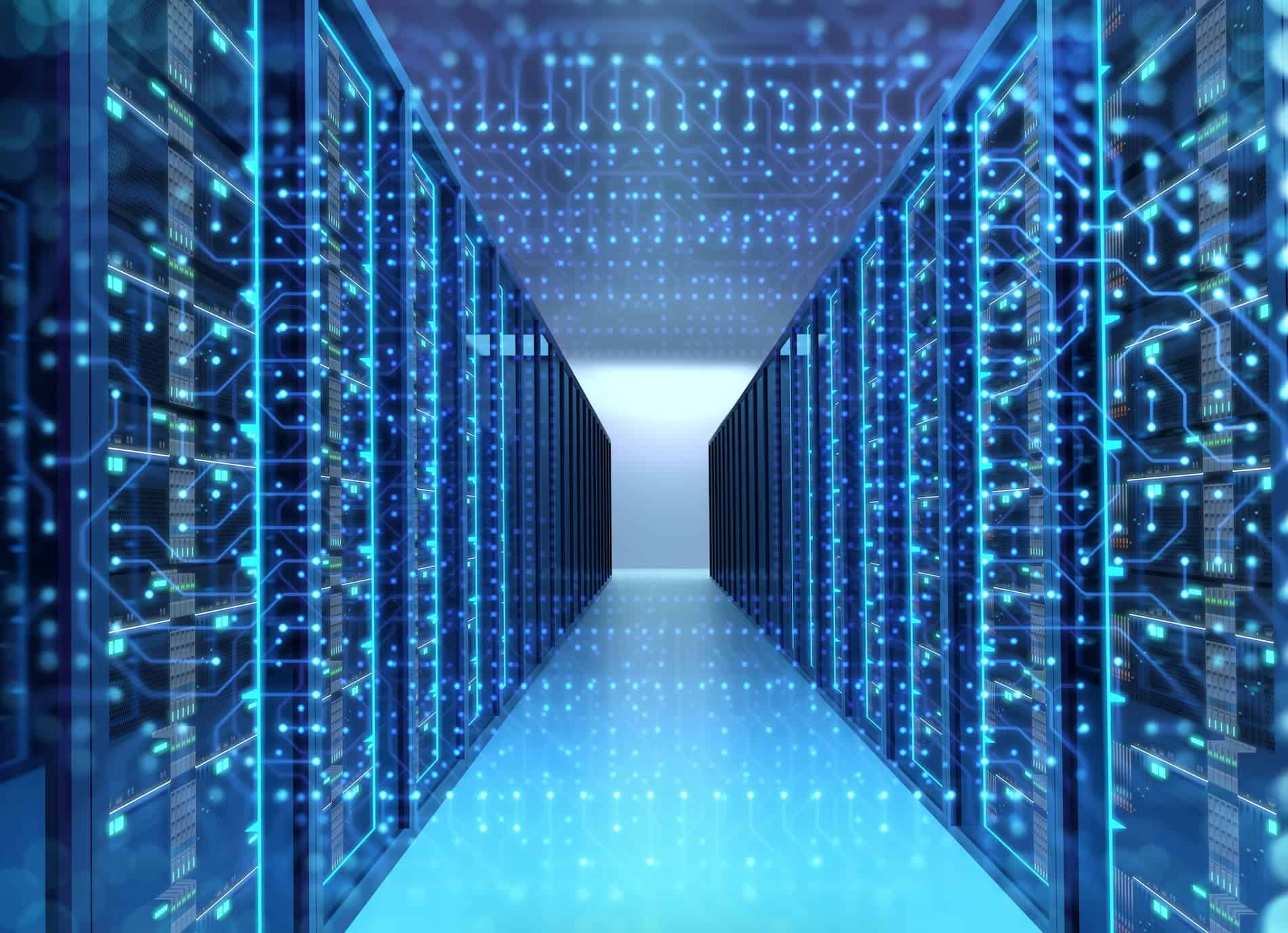 Pictured: an artist's rendering of the insider of a data center with transparent server racks extending into the background. It symbolizes the concept of a hyperscale data center.