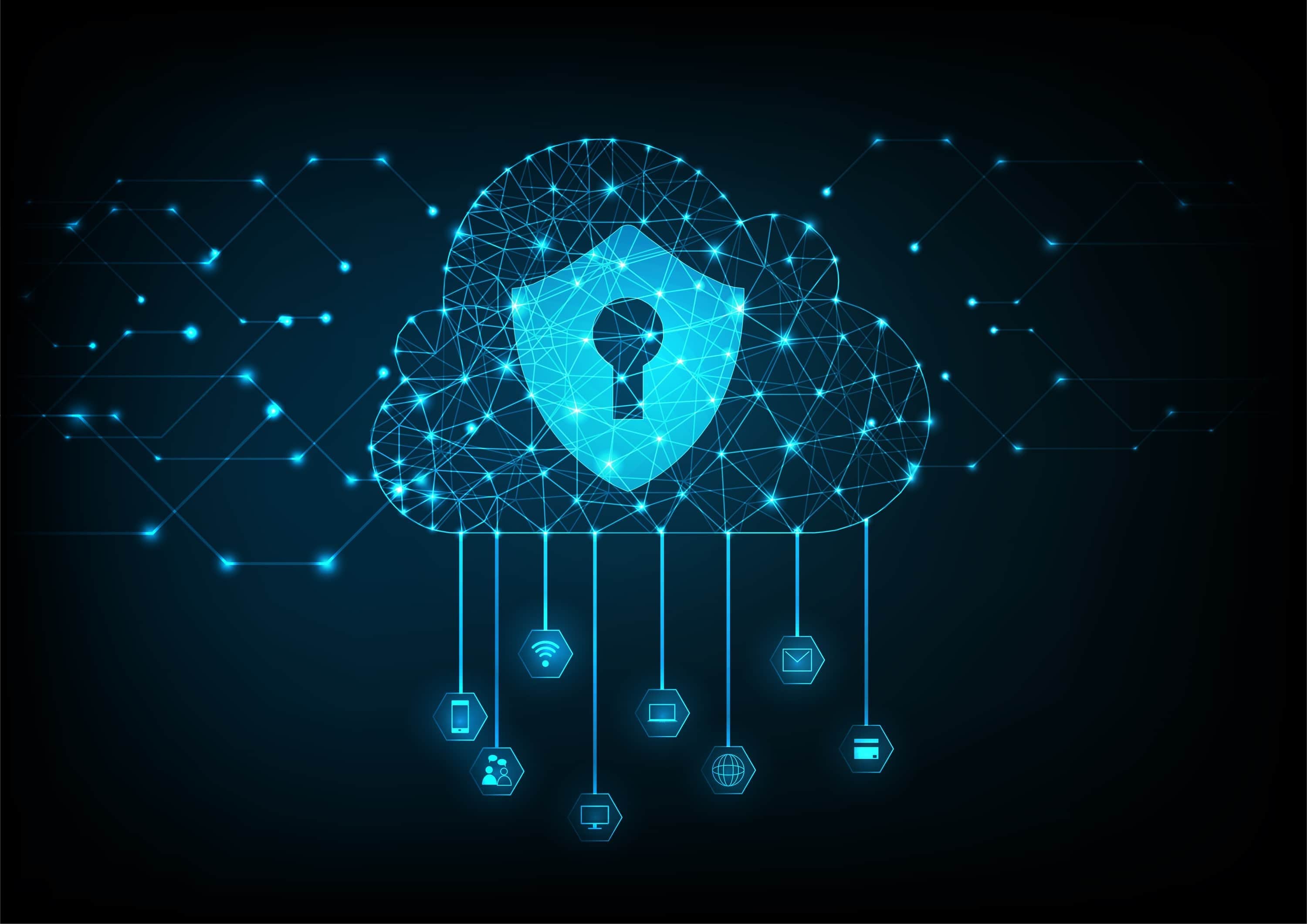 Pictured: a wireframe cloud with a shield and a lock contained within it and a variety of different digital services connected to it. The image signifies having a secure cloud and access to data and services hosted in data centers.